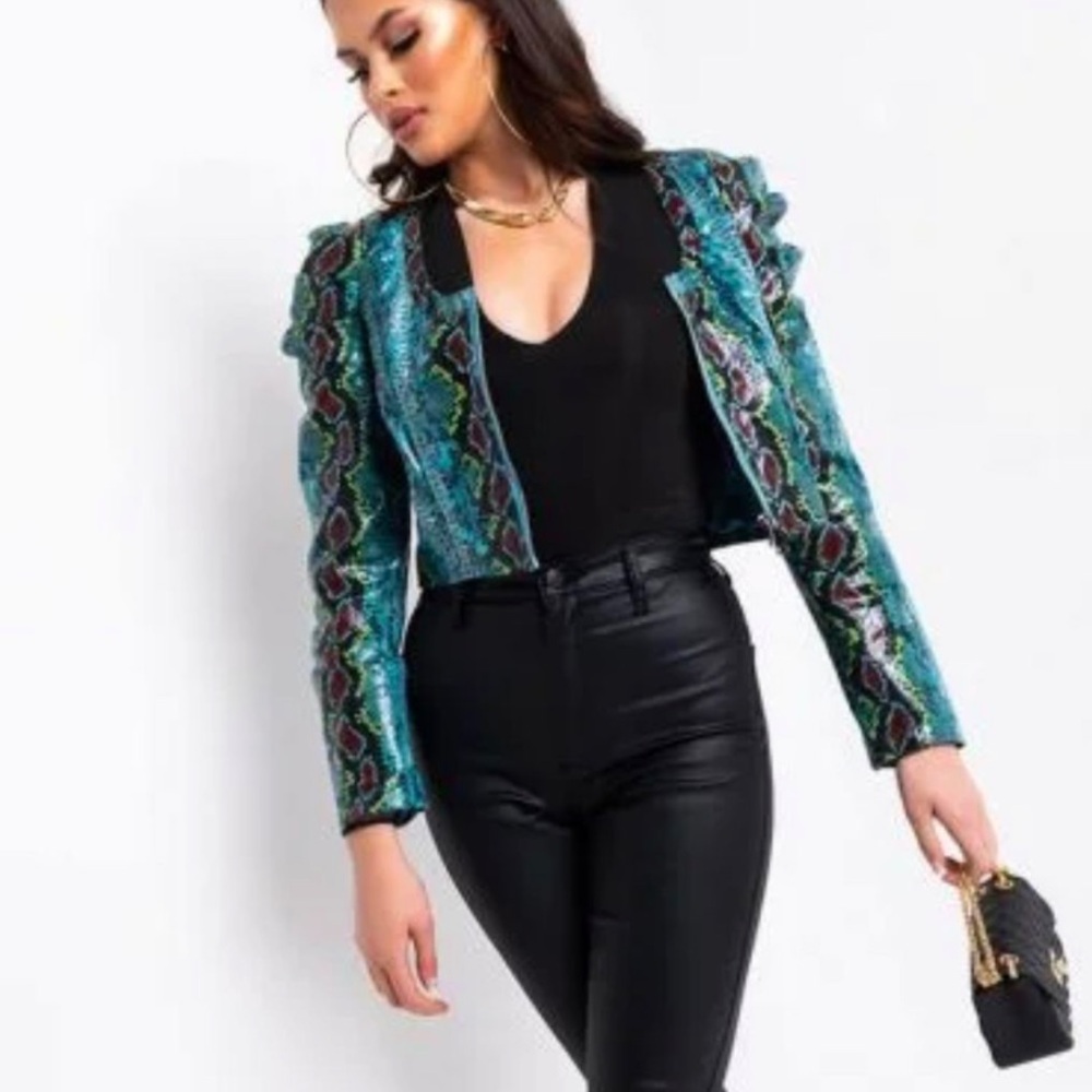 AZALEA WANG Teal Blue Faux Leather Snake Print Puffed Sleeve Crop Jacket L